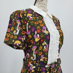 Modcloth Green Belted Dress with Floral and Mushroom Pattern